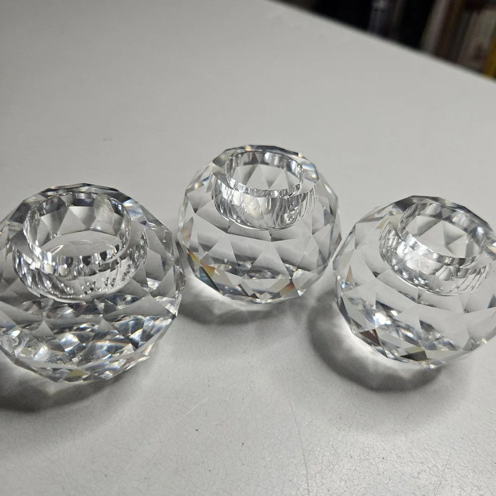 Vtg Swarovski Crystal Faceted‎ Globe Candle Holder Set of 3 Clear Glass Decor